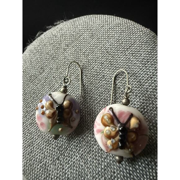 Lamp Work Glass Bead Earrings Dangle Drop Artisan Butterfly Art To Wear Whimsy - Picture 1 of 3